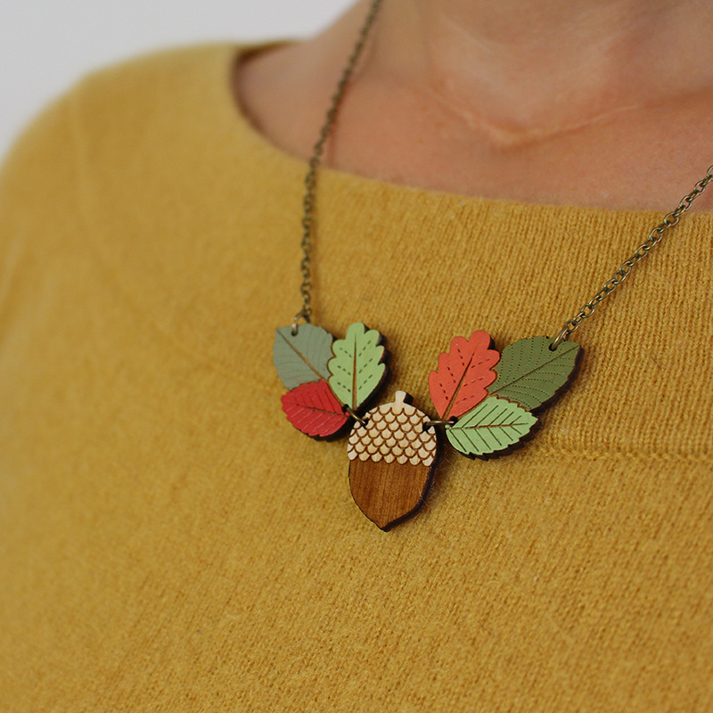 autumn leaves and acorn necklace wearing