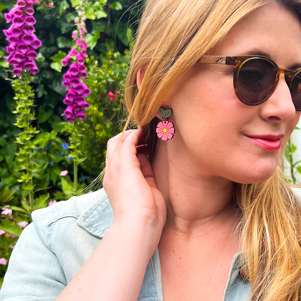 Pink Cosmos Drop Stud Earrings - Image 3